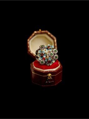 Vintage Blue Floral Cluster Statement Ring - Women Jewelry